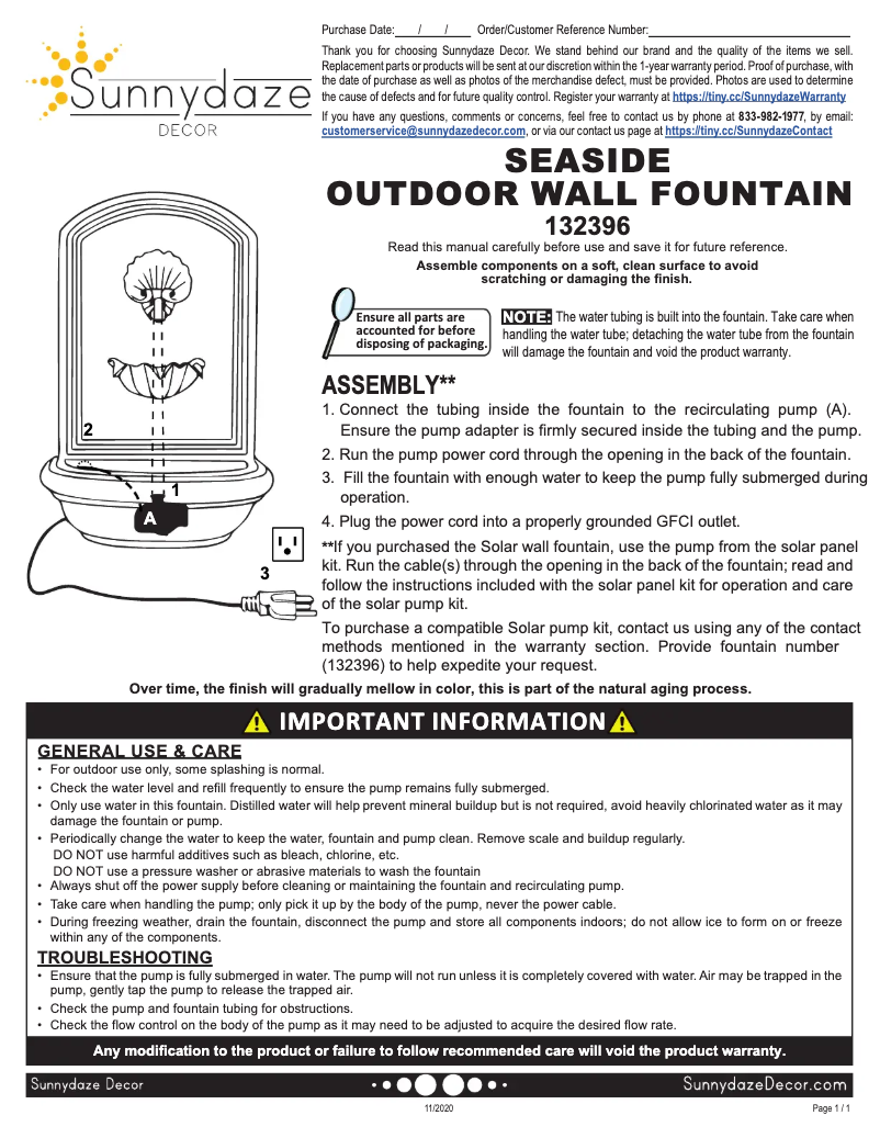 Page 1 de la notice Manuel utilisateur Sunnydaze Decor 132396