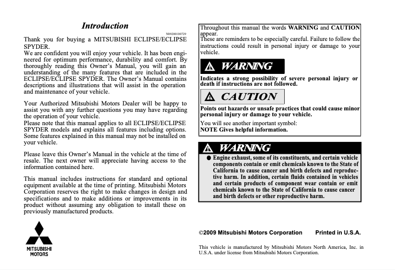 Page 1 de la notice Manuel utilisateur Mitsubishi Eclipse Spyder (2010)