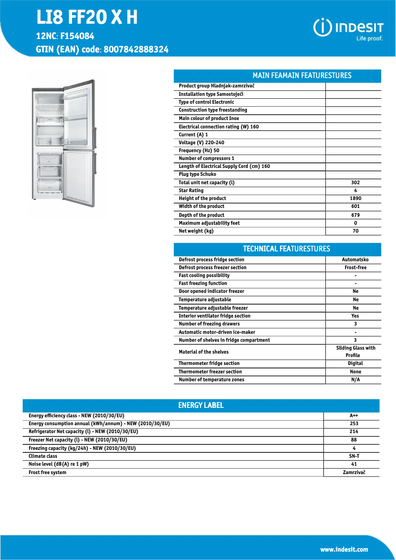 Page 1 de la notice Fiche technique Indesit LI8 FF2O X H