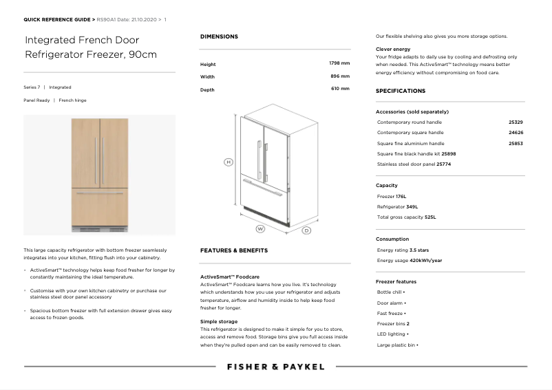 Page 1 de la notice Fiche technique Fisher & Paykel RS90A1