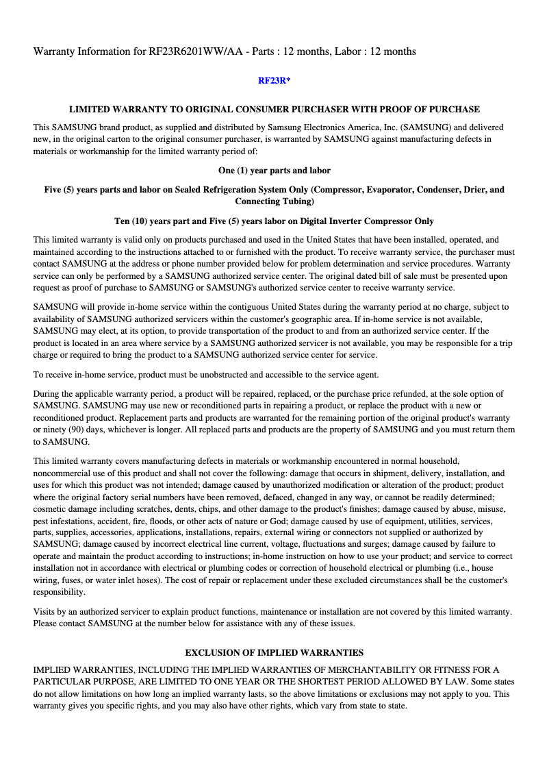 Page 1 de la notice Informations de garantie Samsung RF28R6221SR