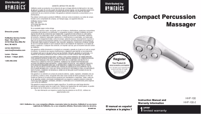 Page 1 de la notice Manuel utilisateur Homedics HHP-100