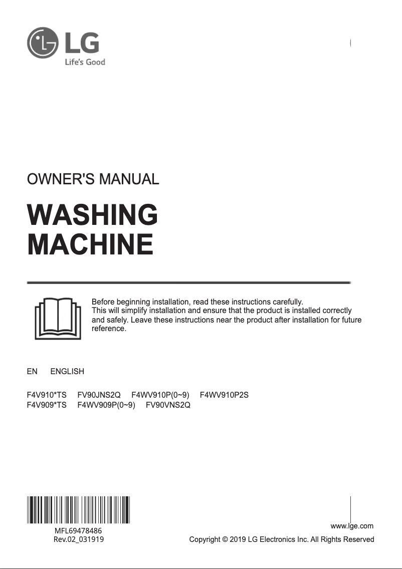 Page 1 de la notice Manuel utilisateur LG F4V909BTS