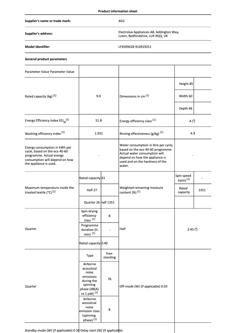 Page 1 de la notice Fiche technique AEG LFX50942B