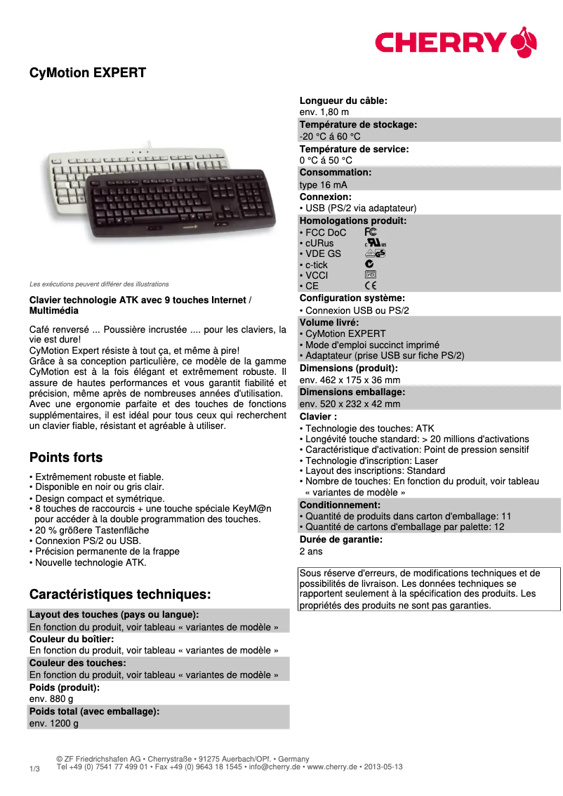 Page 1 de la notice Fiche technique Cherry CyMotion EXPERT