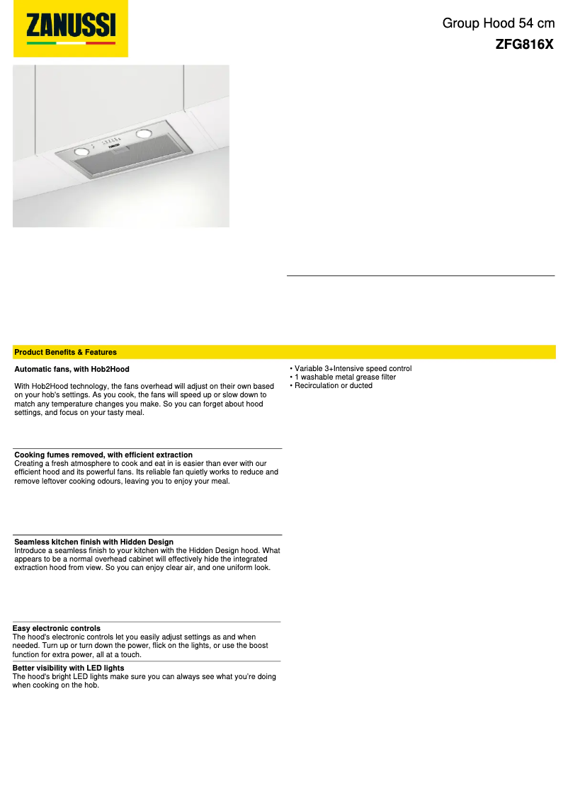 Page 1 de la notice Fiche technique Zanussi ZFG816X
