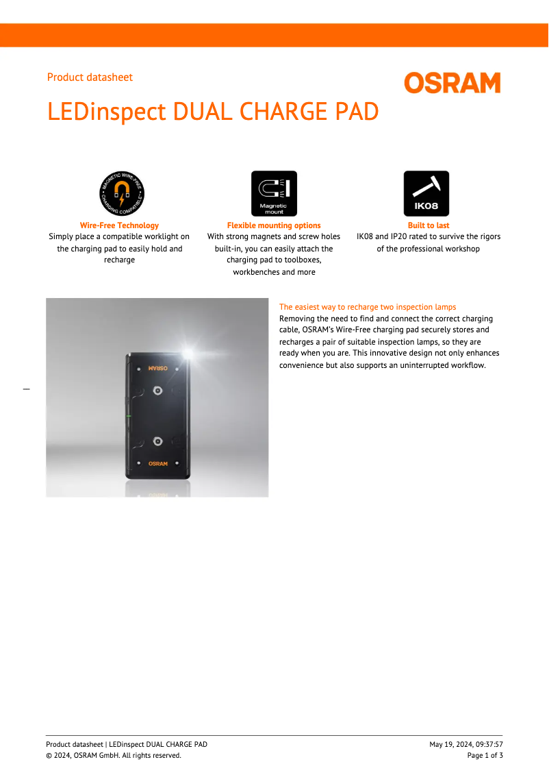 Página 1 del manual Ficha técnica Osram LEDinspect DUAL CHARGE PAD