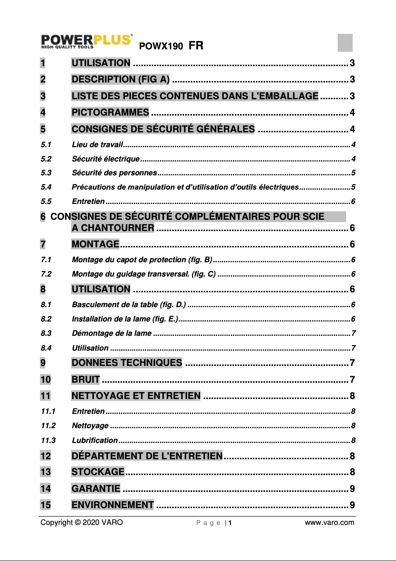 Image de la première page du manuel de l'appareil POWX190