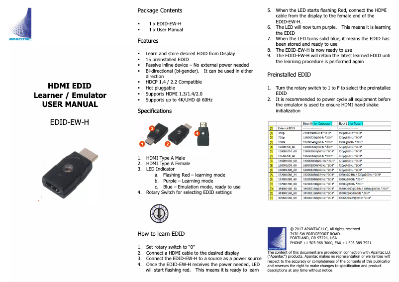 Página 1 del manual Manual de usuario Apantac EDID-EW-H