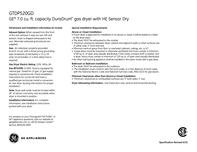 Page 1 de la notice Fiche technique GE GTDP520GDWW