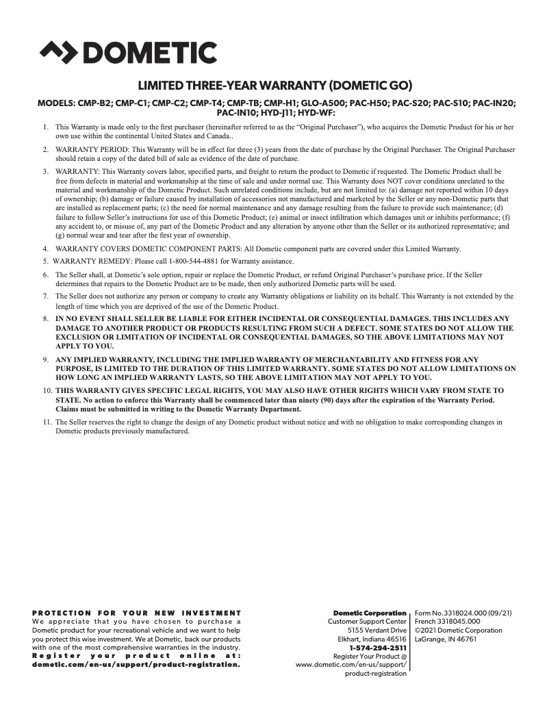 Page 1 de la notice Informations de garantie Dometic HYD- J11
