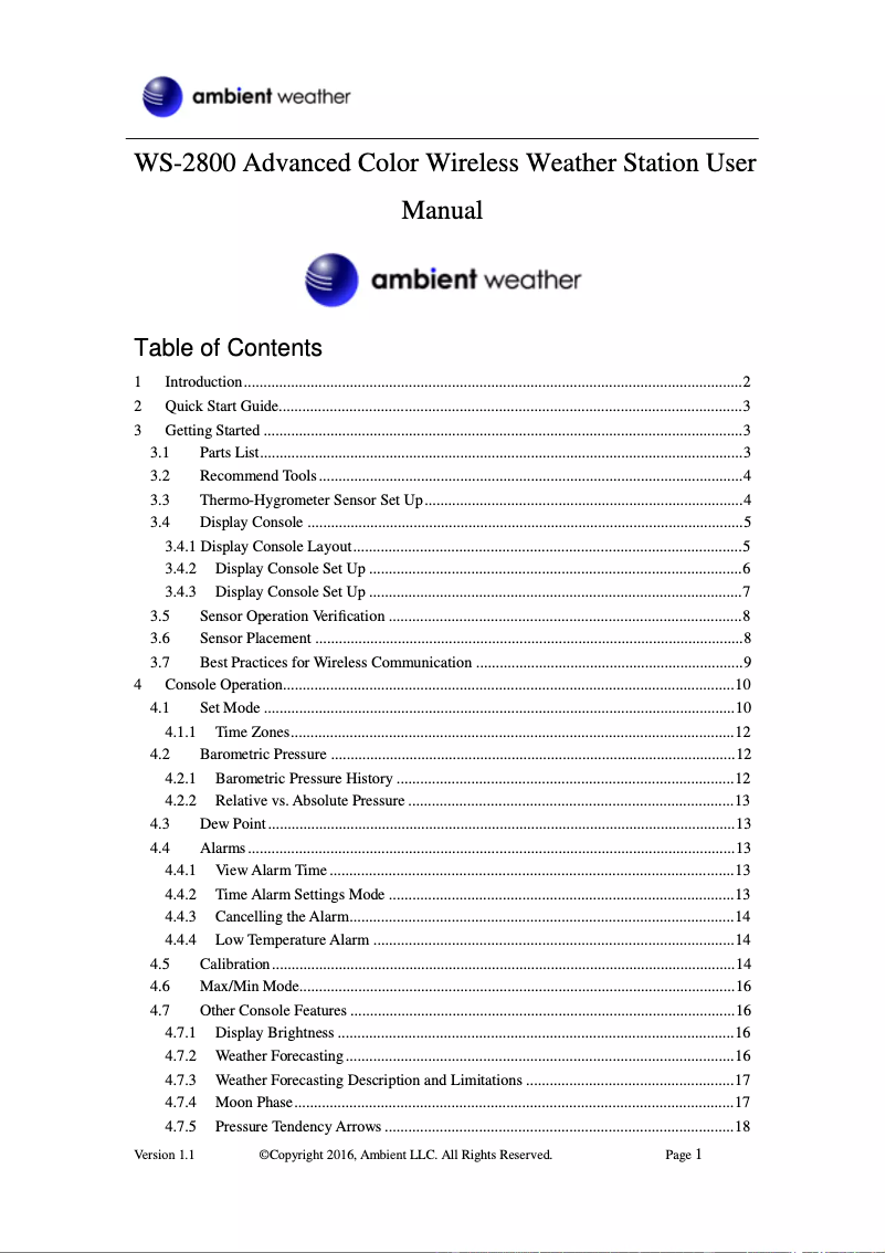 Page 1 de la notice Manuel utilisateur Ambient Weather WS-2800