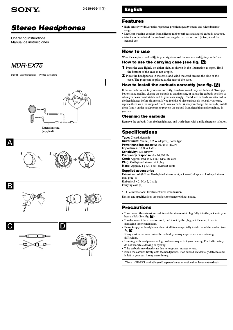 Page 1 de la notice Manuel utilisateur Sony MDR-EX75
