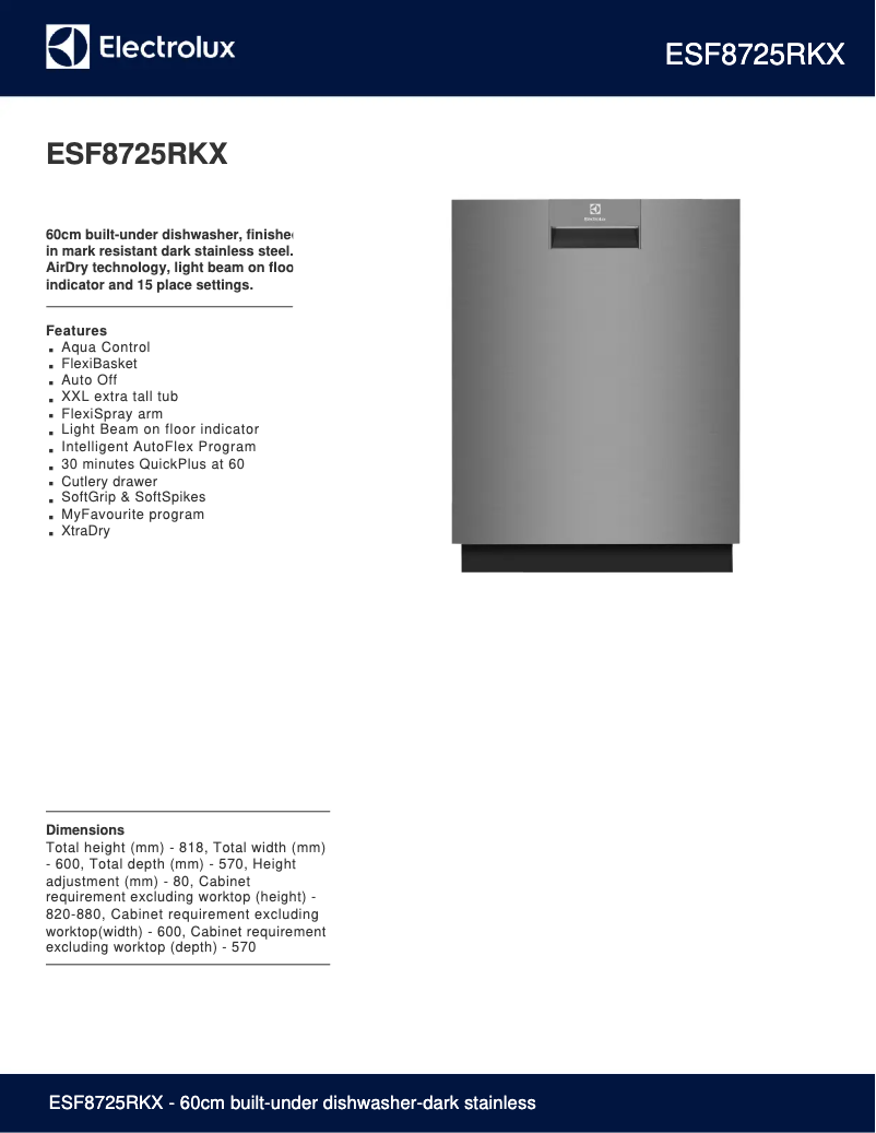 Page 1 de la notice Fiche technique Electrolux ESF8725RKX