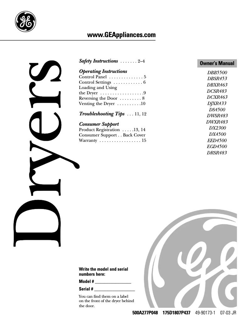 Page n°1 - Manuel d'utilisation et d'entretien GE DCXR463EAAA