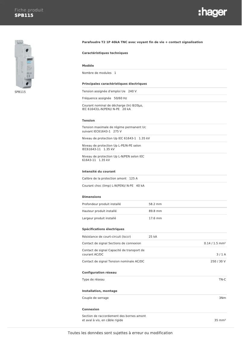 Page 1 de la notice Manuel utilisateur Hager SPB115