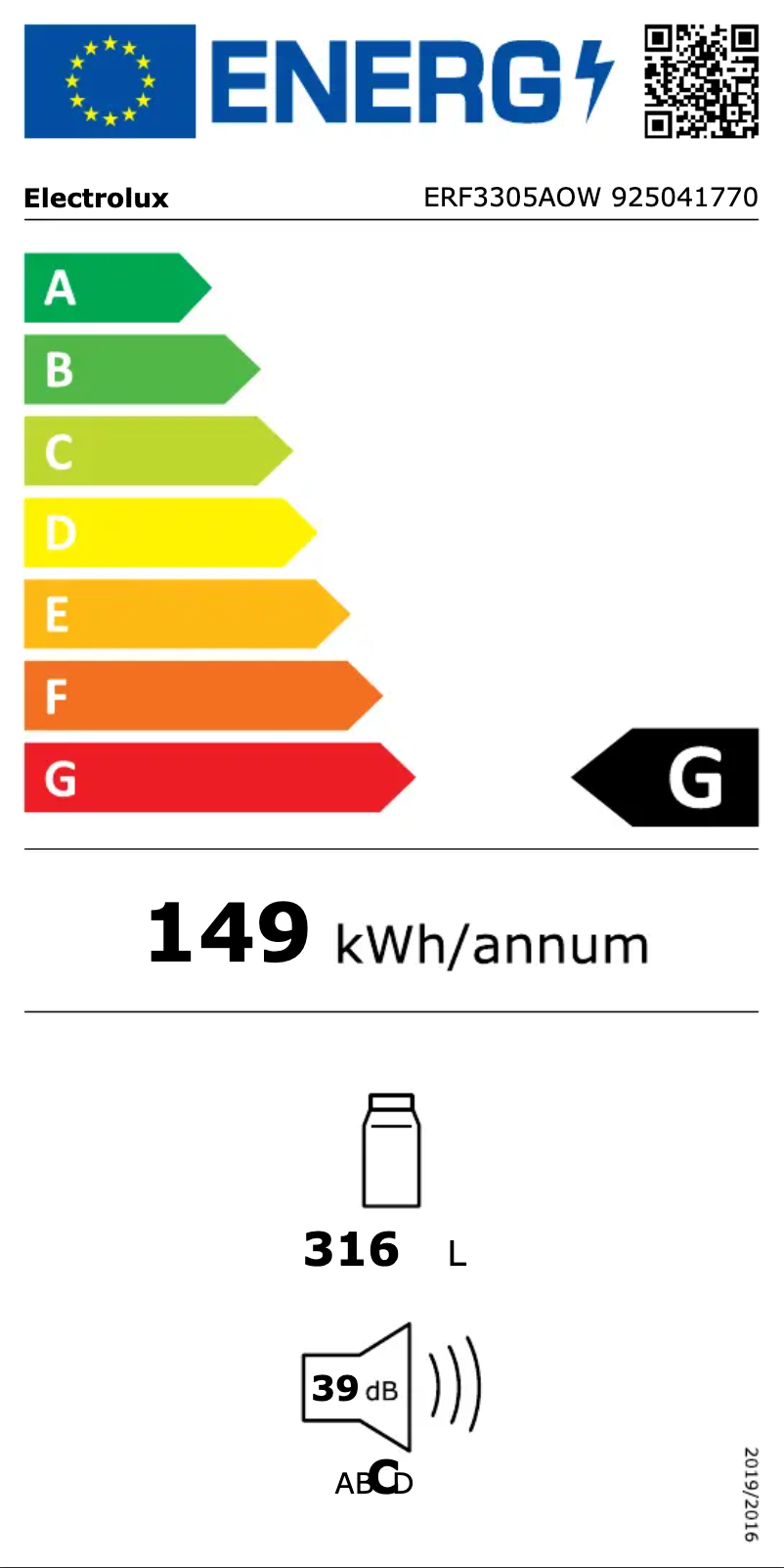 Page n°1 - Label énergétique Electrolux ERF3305AOW