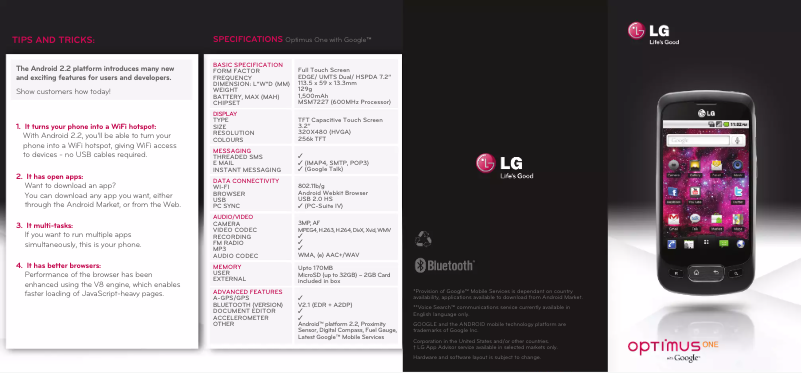 Page 1 de la notice Fiche technique LG P500