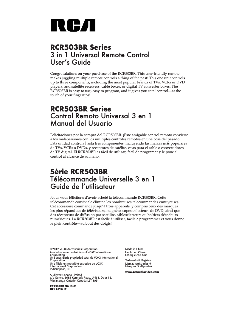 Image de la première page du manuel de l'appareil RCR503BR