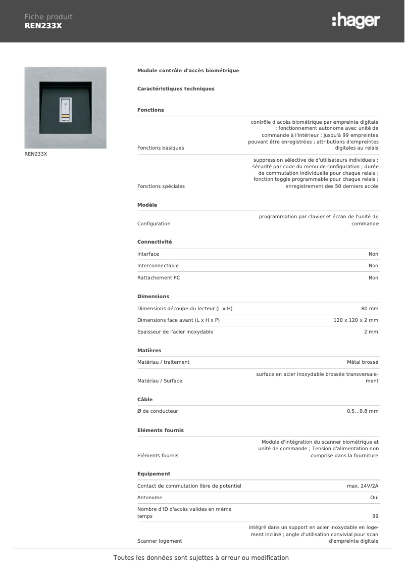 Page n°1 - Fiche technique Elcom REN233X