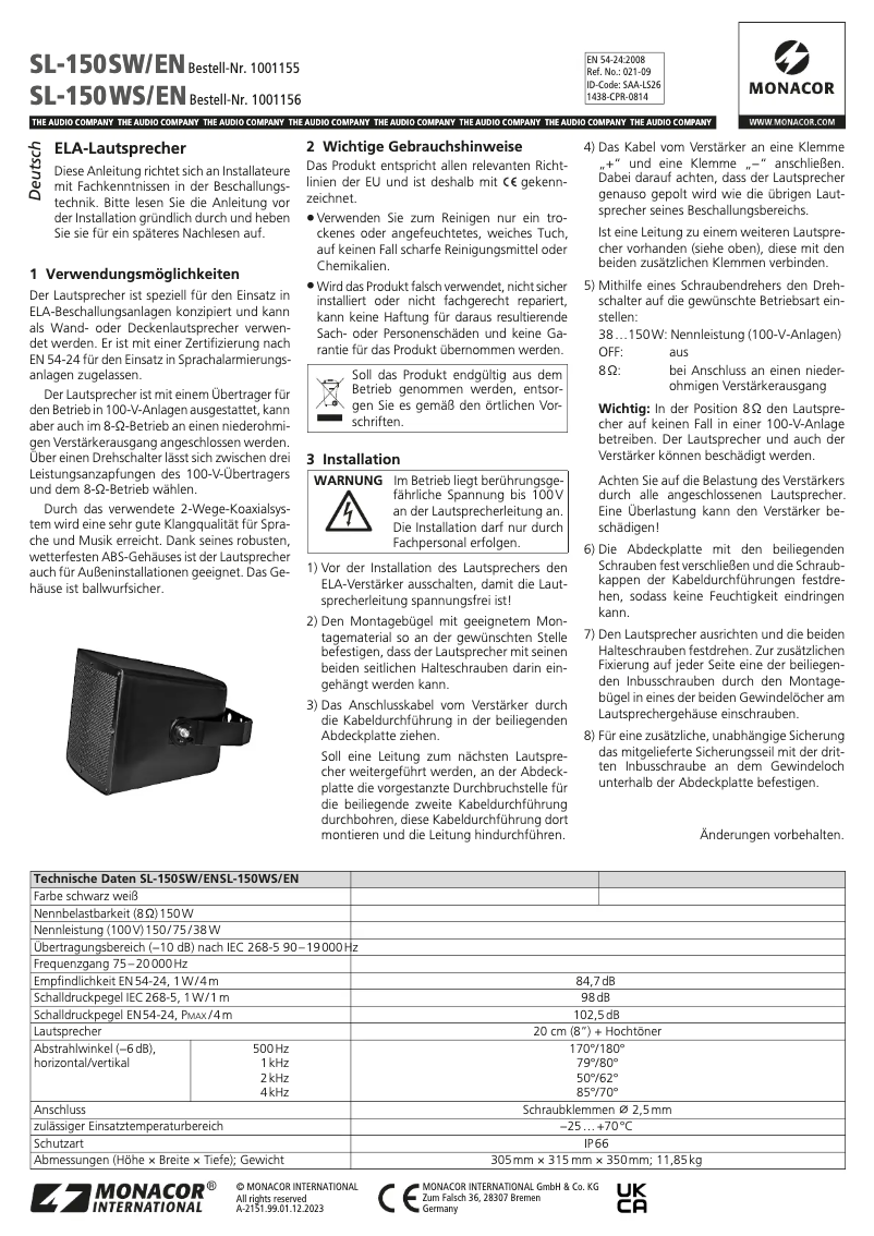 Page 1 de la notice Manuel utilisateur Monacor SL-150WS/EN