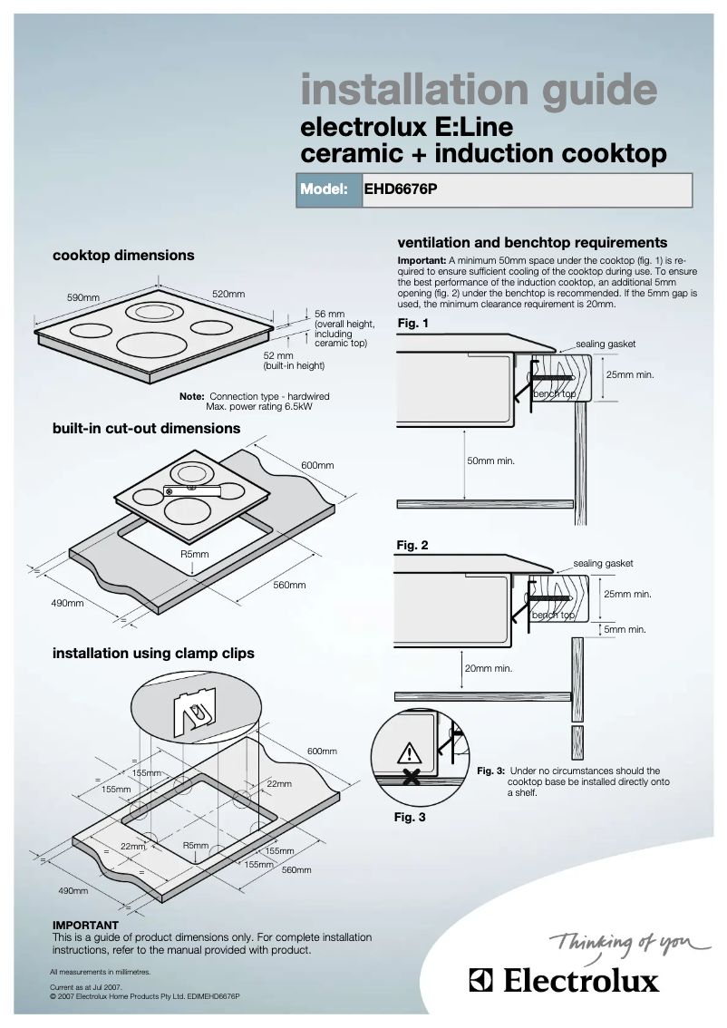 Page 1 de la notice Guide d'installation Electrolux EHD6676P