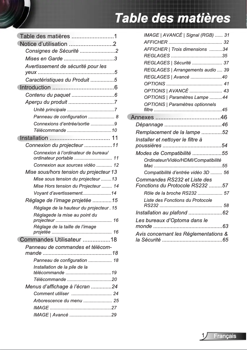 Page 1 de la notice Manuel utilisateur Optoma DW309