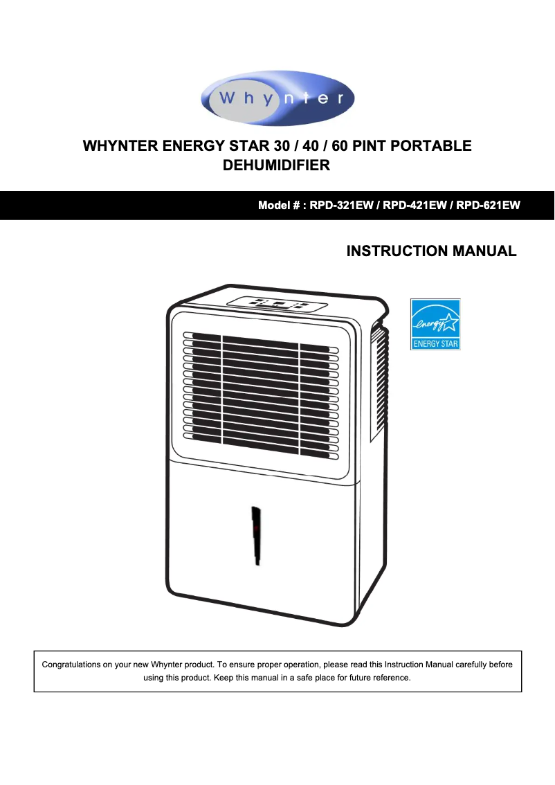 Page 1 de la notice Manuel utilisateur Whynter RPD-621EW