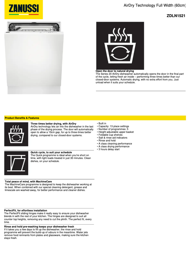 Page 1 de la notice Fiche technique Zanussi ZDLN1521