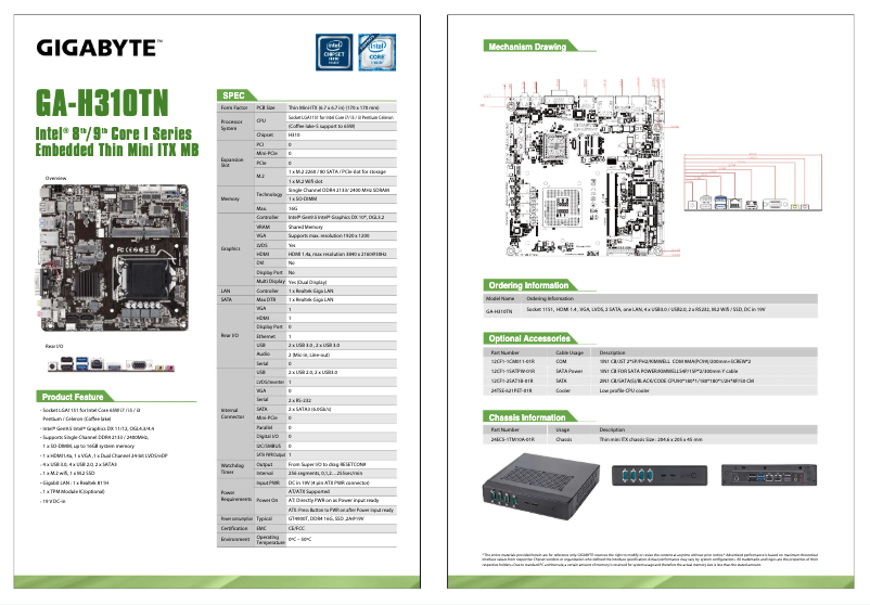 Page 1 de la notice Fiche technique Gigabyte GA-H310TN