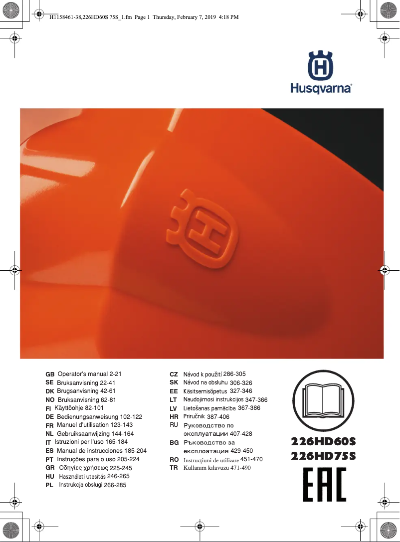 Page 1 de la notice Manuel utilisateur Husqvarna 226HD75S