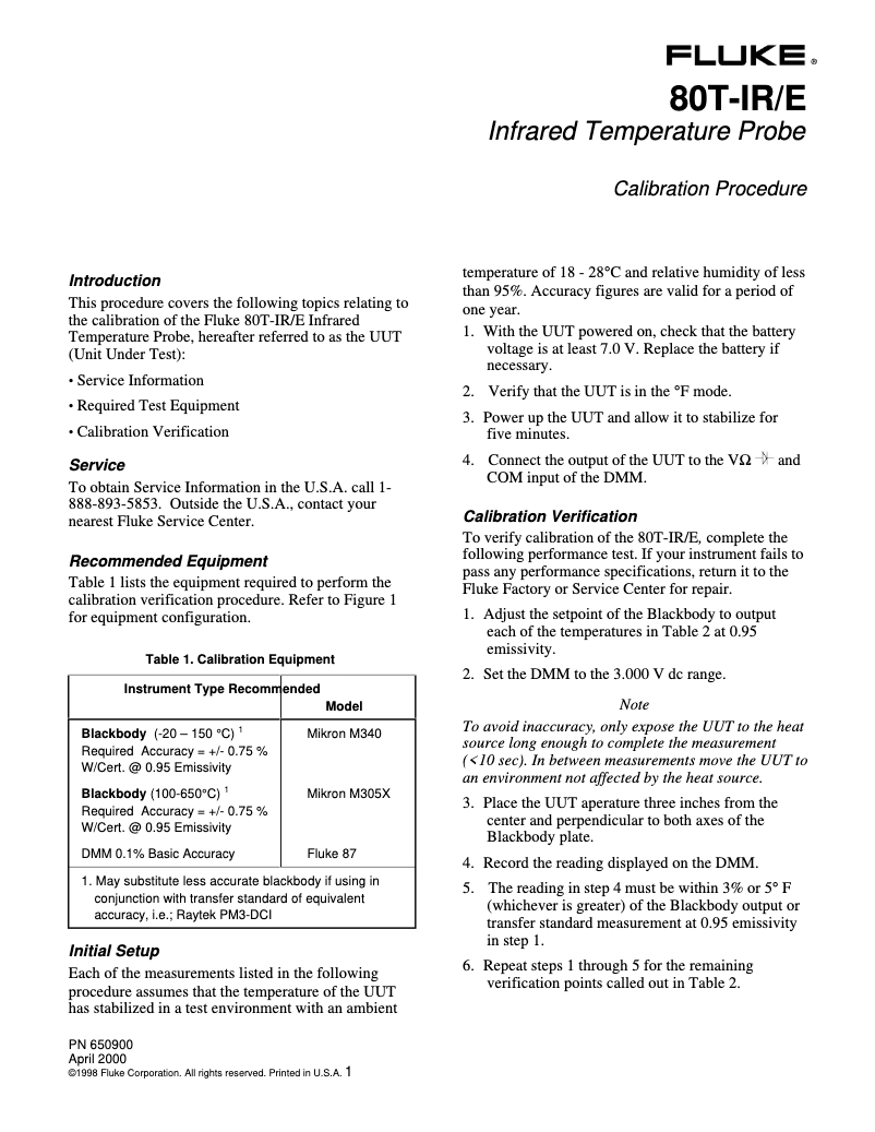 Page 1 de la notice Manuel utilisateur Fluke 80T-IR/E