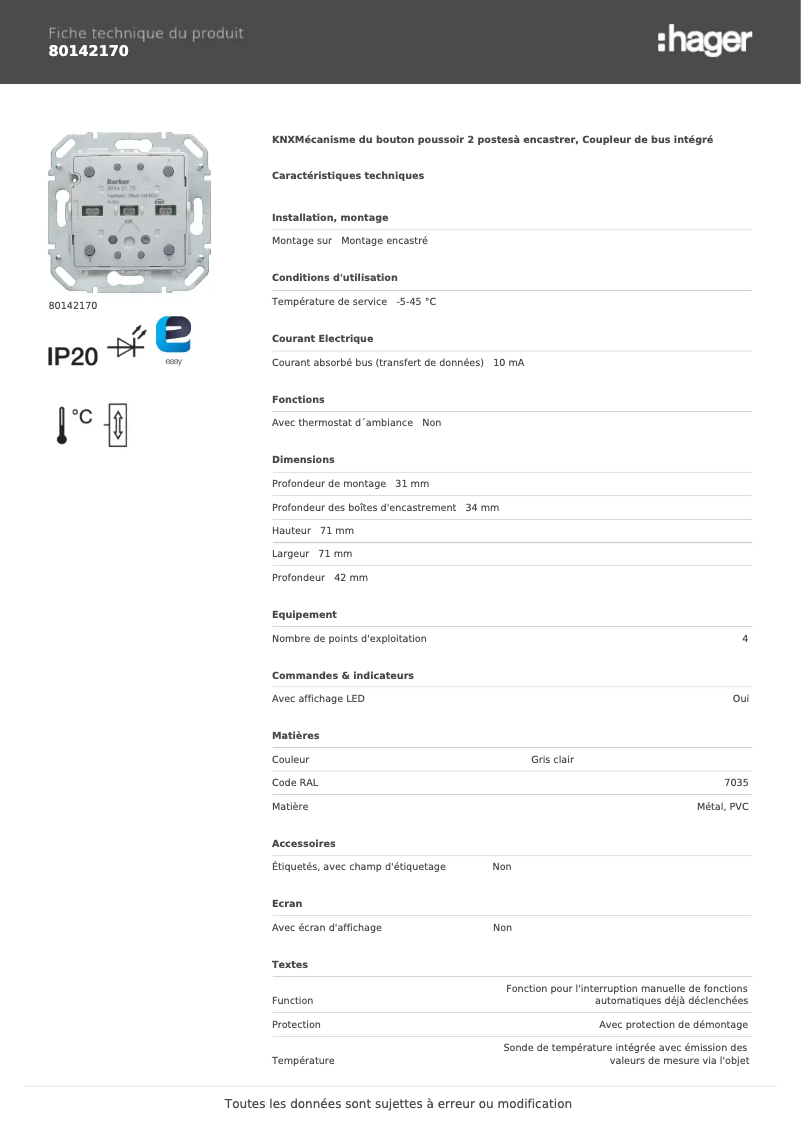 Page 1 de la notice Fiche technique Hager 80142170