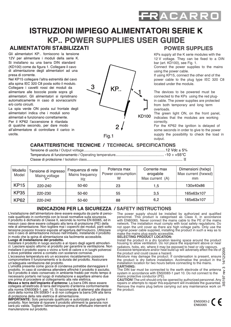 Page 1 de la notice Manuel utilisateur Fracarro KP35