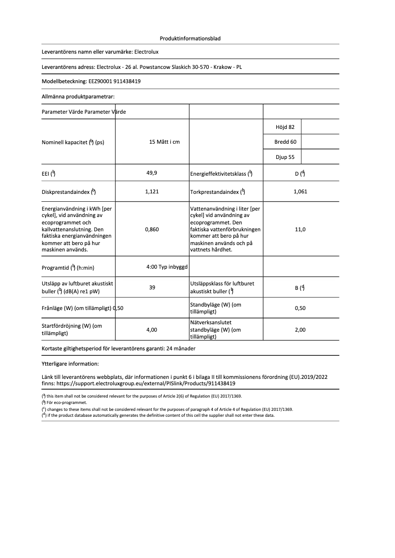 Page n°1 - Fiche technique Electrolux EEZ90001