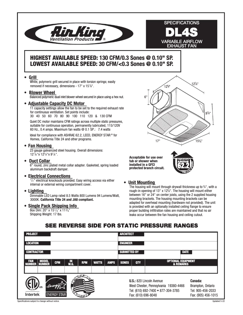 Page n°1 - Fiche technique Air King DL4S
