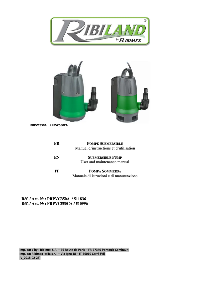 Page n°1 - Manuel utilisateur Ribimex Ribiland PRPVC350A