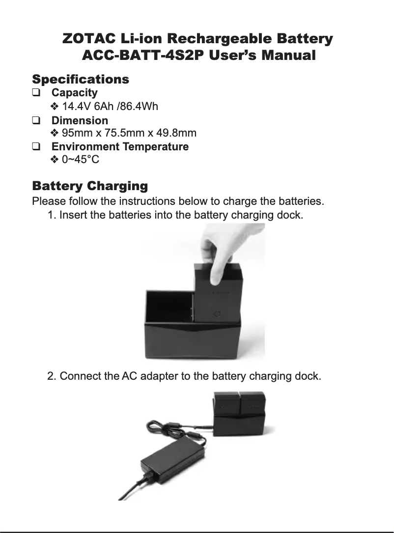 Page 1 de la notice Manuel utilisateur Zotac ACC-BATT-4S2P