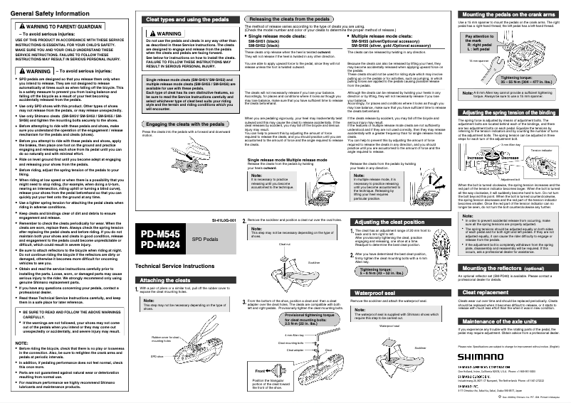 Page 1 de la notice Manuel utilisateur Shimano PD-M424