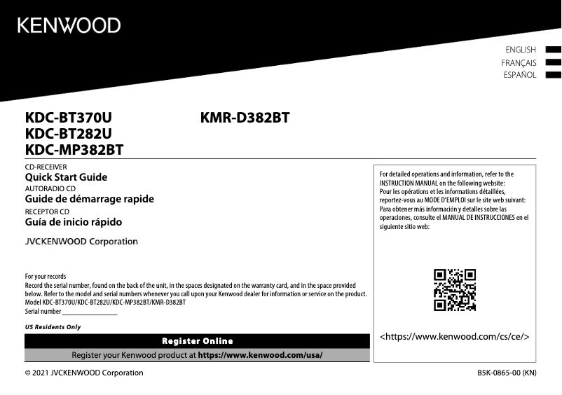 Page 1 de la notice Guide de démarrage rapide Kenwood KDC-MP382BT