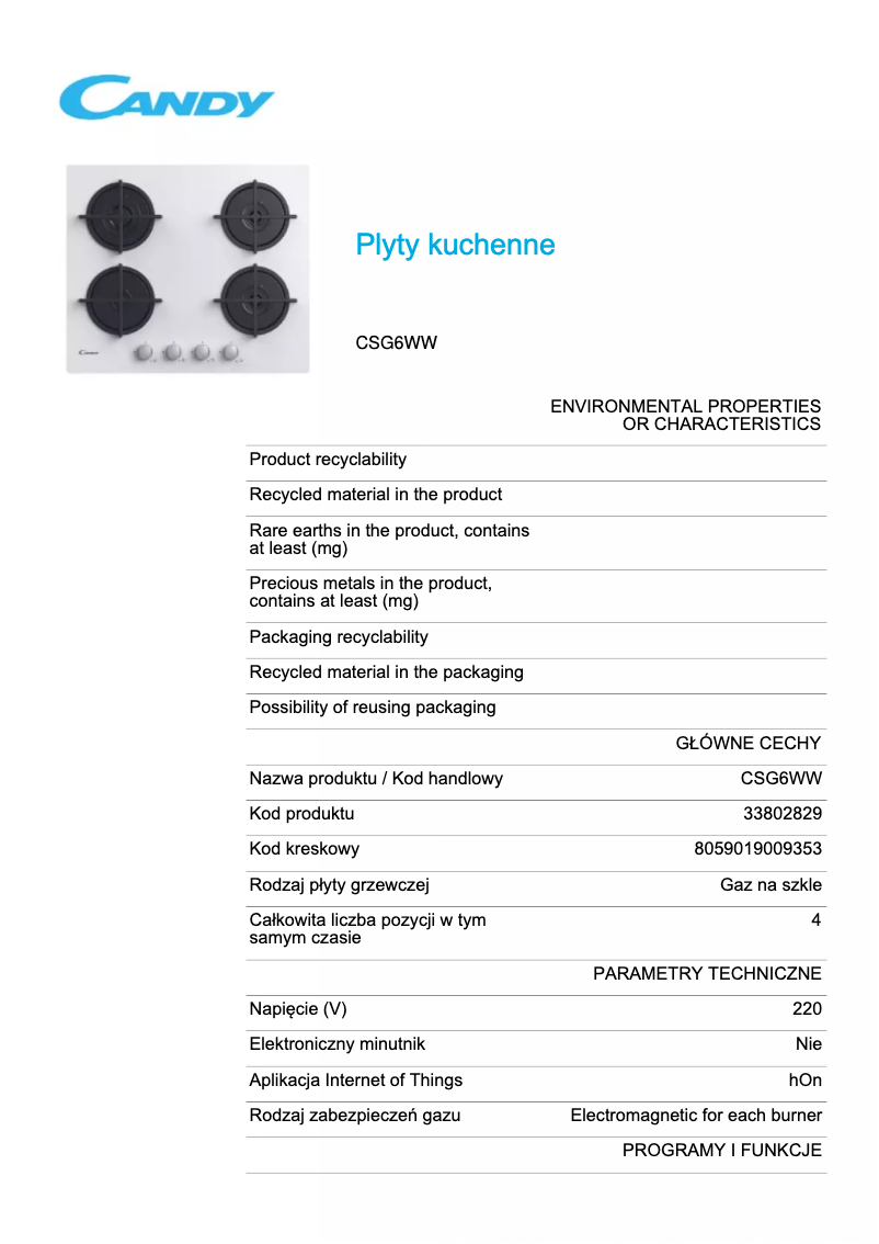 Page 1 de la notice Fiche technique Candy CSG6WW
