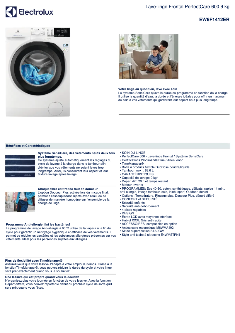 Page 1 de la notice Fiche technique Electrolux EW6F1412ER