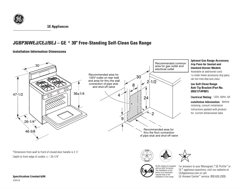 Page n°1 - Fiche technique GE JGBP36WEJWW