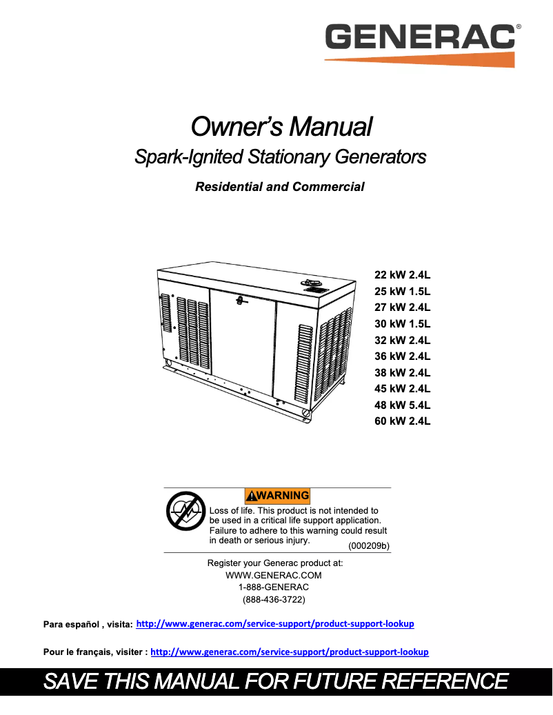 Page n°1 - Manuel utilisateur Generac RG03624JNAX