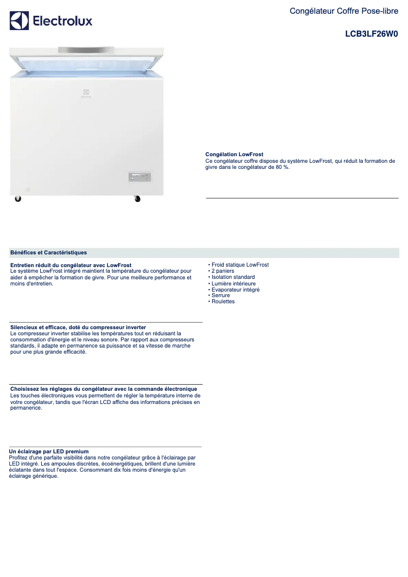 Page 1 de la notice Fiche technique Electrolux LCB3LF26W0