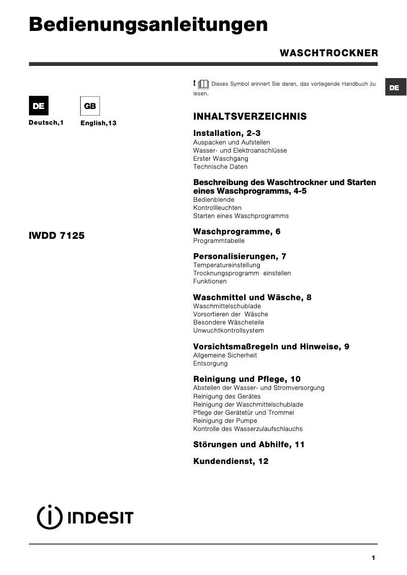 Page n°1 - Manuel utilisateur Indesit IWDD 7125 B