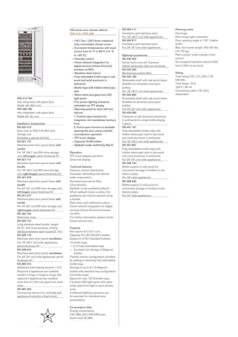 Page 1 de la notice Fiche technique Gaggenau RW466764