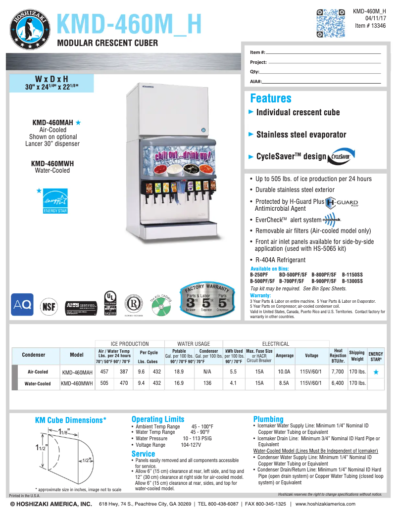Page 1 de la notice Fiche technique Hoshizaki KMD-460MWH