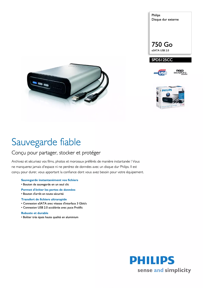 Page n°1 - Fiche technique Philips SPD5125CC