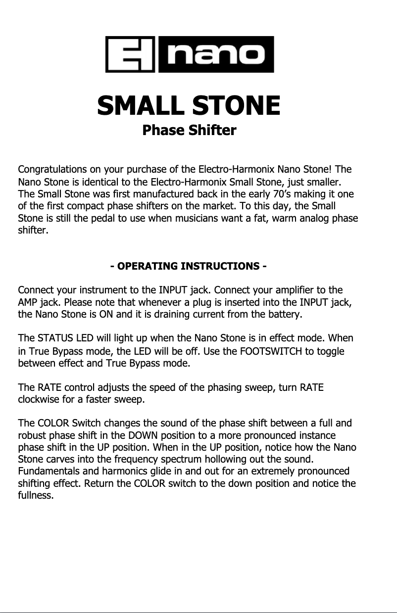 Page 1 de la notice Manuel utilisateur Electro Harmonix Small Stone